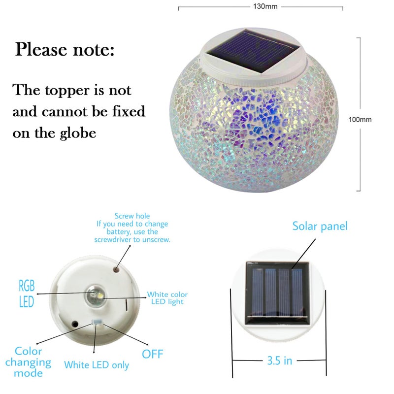 SmilingTown Solar Powered Color Changing Mosaic Crackle Glass Table Lamp - Waterproof LED Night Light for Bedroom, Yard, Patio, Halloween, Christmas Decorations (Crackle Glass, White) - Image 3